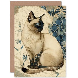 Artery8 Siamese Cat with Blue Flower Pattern Modern Art Nouveau Watercolour Illustration Art Birthday Sealed Greeting Card Plus Envelope Blank inside