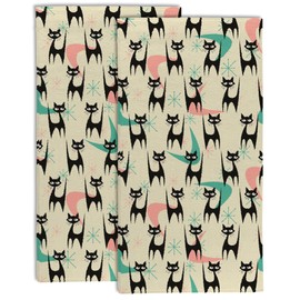 Gnhkmw Mid Century Modern Cats Hand Towel Set of 2,Black Cat with Atomic Age Starbursts. Bathroom Kitchen Hand Towel,Soft Absorbent Decorative for Bathroom Kitchen Hotel Gym Yoga