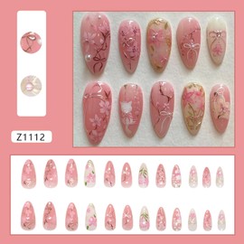 24pcs Flower Press on Nails Medium Almond Fake Nails Peach Blossom Press on 3D Pearl Bow False Nails Cute Cat Stick on Nails Full Cover Artificial Nail Acrylic Fingernails for Women Manicure