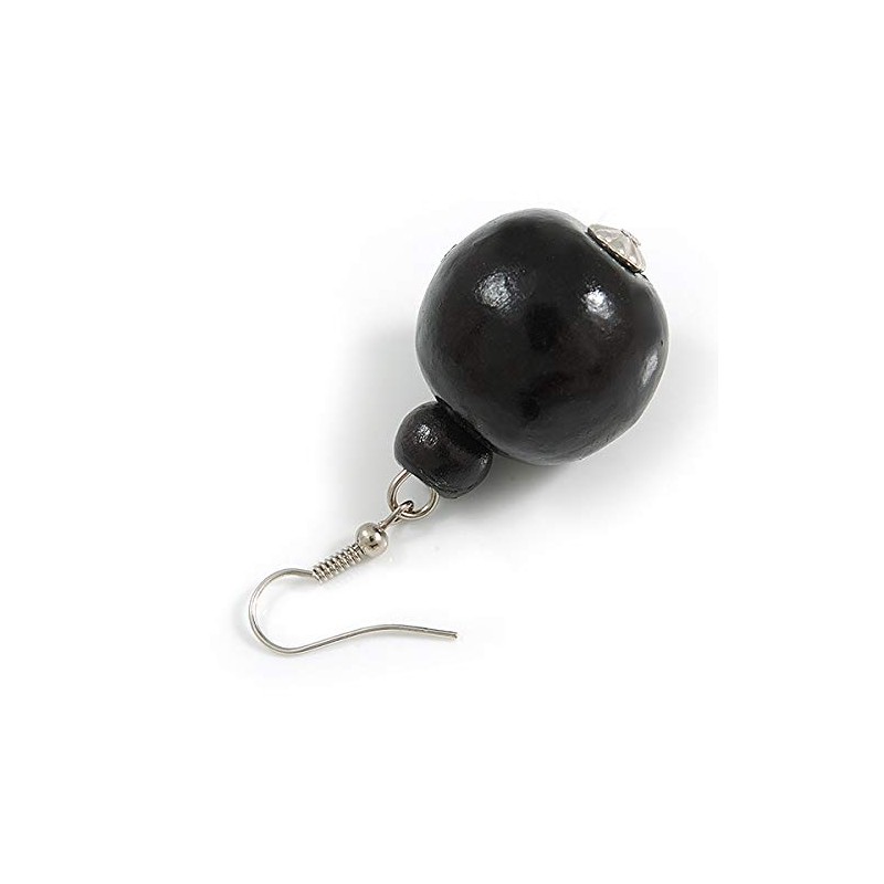 Black Wood Bead Drop Earrings - 50mm Long