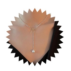 Yheakne Boho Pearl Y Lariat Necklace Gold Bow Pearl Choker Necklace Large Pearl Y Drop Necklace Vintage Pearl Long Necklace Jewelry for Women