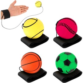 4 Pieces Wrist Return Ball, 2 Inch Rubber Rebound Ball Wristband On A String Sports Wrist Ball Includes Basketball, Baseball and Football for Wrist Exercise or Play