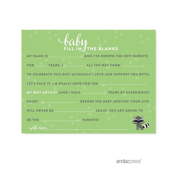 Andaz Press Woodland Animals Baby Shower Collection, Games, Activities, Decorations, Baby Fill in the Blanks Cards, 20-pack