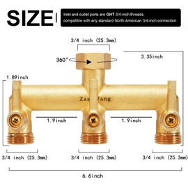 Heavy Duty Brass 3-Way Garden Hose Splitter with Metal Shutoff Valve and Long Handle Outdoor Faucet Diverter, 3/4’ GHT Threads