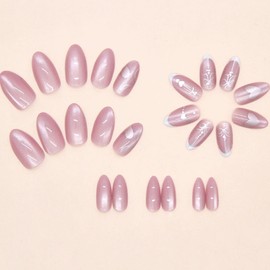 Hkanlre Almond Fake Nails Tips Shiny French Press on Nails Medium Full Cover Cat Eyes Pink False Heart Nails for Women 24PCS