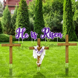 6 Pieces Happy Easter He Is Risen Yard Sign Decorations Rustic Cross Religious Easter Yard Sign Christian Easter Yard Decorations for Holiday Outdoor Lawn Decorations Garden Party Home Decor