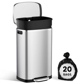 SYNCVIBE 13 Gallon Trash Can with Lid, 50L Stainless Steel Soft Close Lid Rubbish Bin with Removable Inner Bucket, Pedal Garbage Can for Home Office, Kitchen, Bedroom, Living Room, Silver