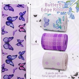 4 Rolls 20 Yards Floral Butterfly Wired Edge Ribbon Wire Ribbon Purple Ribbon with Wire Butterfly Ribbon for Gift Wrapping Party Decoration DIY Crafts, Wreath Bow Wrapping Gifts (Butterfly)