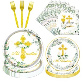 Rakuto Baptism Plates and Napkins Set, Mi Bautizo Disposable Party Decor, Sage First Holy Communion for Christening Celebration Baby Shower Religious Church