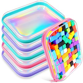 Sanwuta 6 Pcs Clear Hard Zipper Case Pencil Pouches Hard Plastic Zipper Pouches Makeup Bag Transparent Cases for Snacks Plastic Storage Organizer Box for Travel(Holographic,9.84 x 7.87 x 2 Inch)