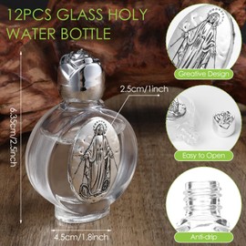 MAQUITA 12 Pcs Glass Holy Water Bottles 0.5 Fl oz Embossed Glass Travel Empty Bottles Girls Little Bottle Church Decorations for Home Wedding, Portable Party Favors (Silver,Divine Mercy)