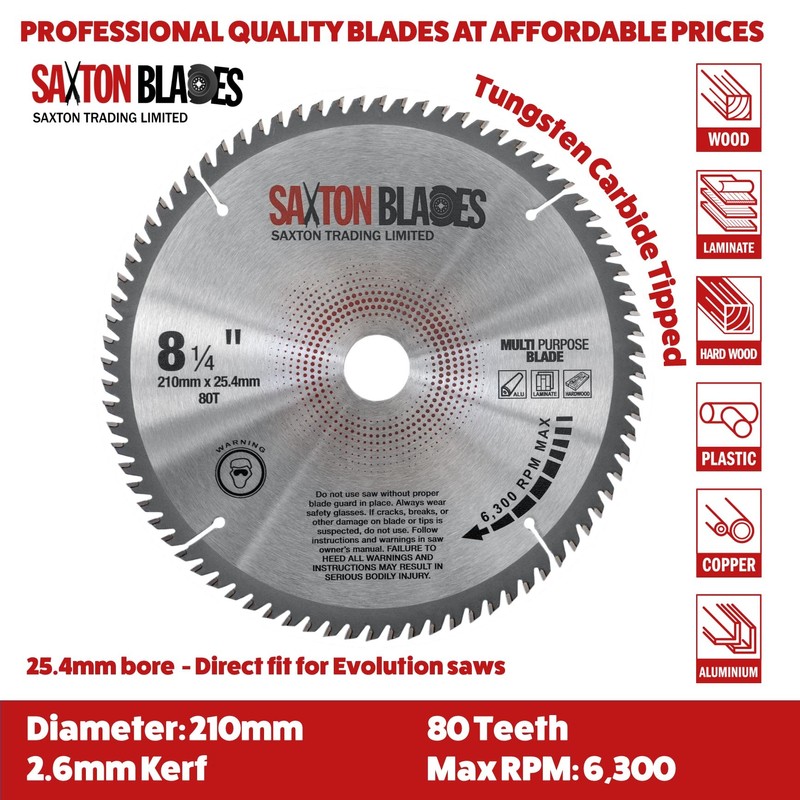 TCT21080TTCG254B Saxton TCT Circular Saw Blade 210mm x 80T x