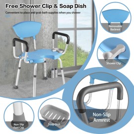 FlyingJoy Shower Chair for Inside Shower - 550 lbs, Tool-Free Assembly, Adjustable Height, Padded Shower Stool, Removable Arms & Backrest, Shower Head Clip, Bath Seat for Elderly and Disabled (Blue)