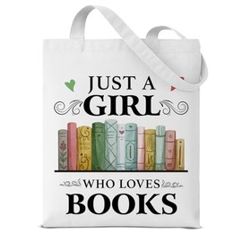 Dumyum Just a Girl Who Loves Books Canvas Tote Bag for Women Girls Book Lover Bookworm Bookish Gifts Floral Book Aesthetic Reusable Grocery Shoulder Bag for Shopping Travel Daily Commute