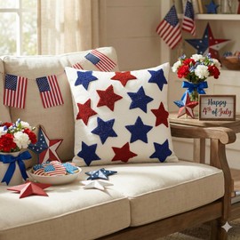 4th of July Patriotic Red Blue Stars Embroidered Throw Pillow Covers, 18 x 18 Inch Independence Day Decor Tufted Patterned Linen Cushion Case for Sofa Couch Set of 2