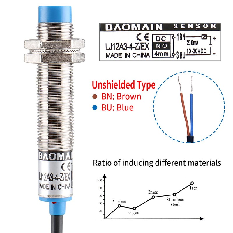 Baomain 4mm Cylindrical Inductive Proximity Switch, DC 10-30V 200mA NO