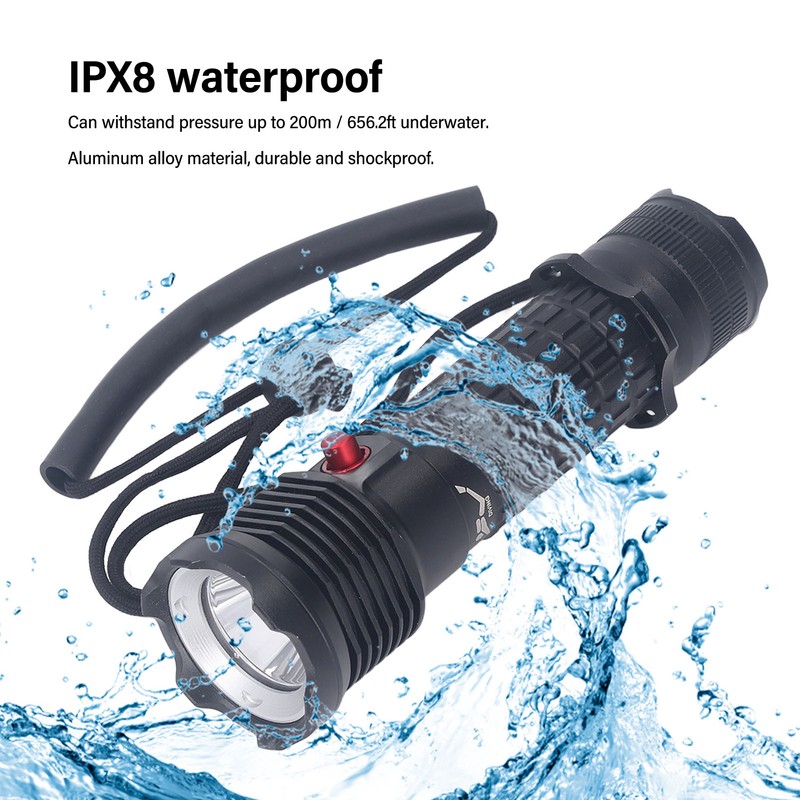 Diving Flashlight LED White Light Underwater Dive Torch IPX8 Waterproof