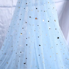 SHAYUAN 54" x 8 Yards Glitter Tulle Fabric Rolls Golden Stars and Moon Tulle Rolls for DIY Tutu Dress Table Runner Skirt Crafts Sheer Wedding Backdrop Stage Decoration-Light Blue