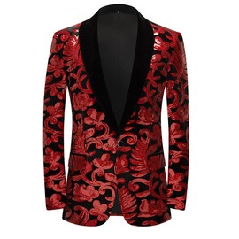 PYJTRL Men Fashion Velvet Sequins Floral Pattern Suit Jacket Blazer (Red, XXL)