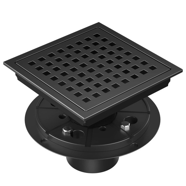 Square Shower Drain 6 Inch Matte Black, EXF Stainless Steel Shower Floor Drain Kit with Flange, Removable Grid Grate, Hair Strainer, Not Fit for Bathtub