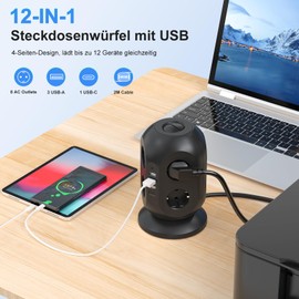 Steckdosenwürfel mit USB, 8 Fach Steckdosenleiste mit USB C, Mehrfachsteckdose mit Schalter, Steckdosenturm mit 2m Kabel, Steckerleiste Überspannungsschutz für Haus und Büro, Schwarz