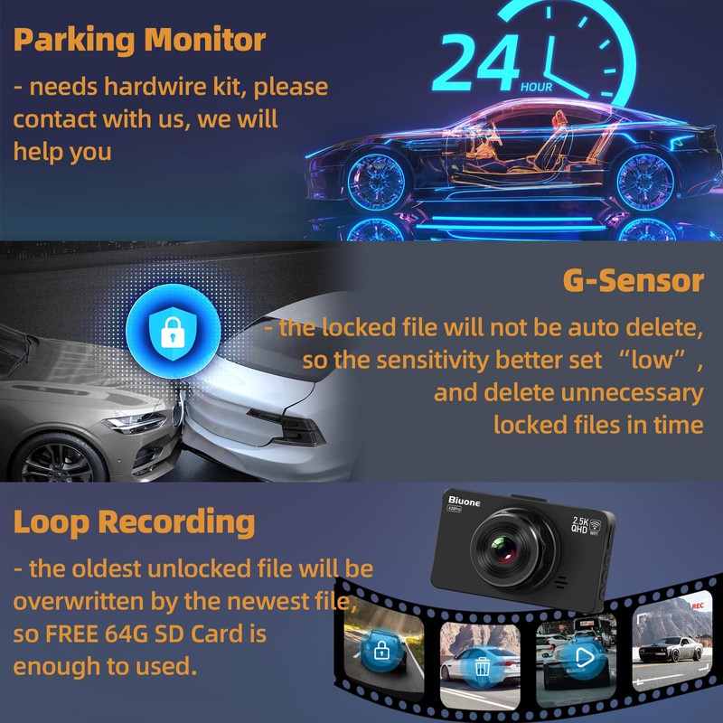 Dash Cam Front and Rear Camera, WiFi Dash Camera for