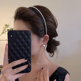 Pearl Headband Velour Black Adult Hair Band Wedding Hair Accessory Cute Thin Double Layer (Black, Standard)