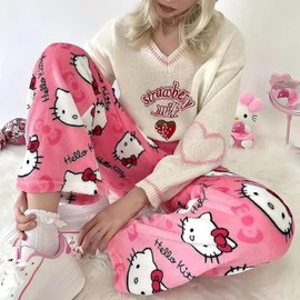 BIUGNVW Anime Pajamas Pants Women Cartoon Family Christmas Pajama Pants Kawaii Flannel Pajama Pants Rose Red X-Large