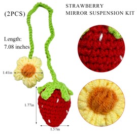 DXNQ 2PCS Crochet Strawberry Hanging Ornament, Cute Strawberry Flower Car Rear View Mirror Pendant, Handmade Knitted Hanging Charm Auto Interior Decor for Girls, Car Accessories (Red)