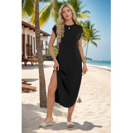HiMONE Summer Dress Women's Casual Loose Sundress 2025 Cap Sleeves Casual Maxi Beach Dress with Pockets XS-2XL Black