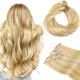 HOTBANANA Clip in hair Extensions, Light Blonde Highlighted Golden Blonde 5pcs Clip in Hair Extensions Real Human Hair Remy Hair Stright Clip in Hair Extensions 20 inch 90g