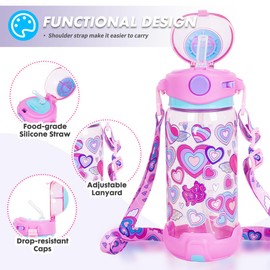PinkSheep Kids Water Bottle with Straw/Lanyard 650ml BPA Free Child Drinking Water Bottle Leak-Proof Locking Flip Lid for Kids Girls Boys School Sport Travel (Heart)