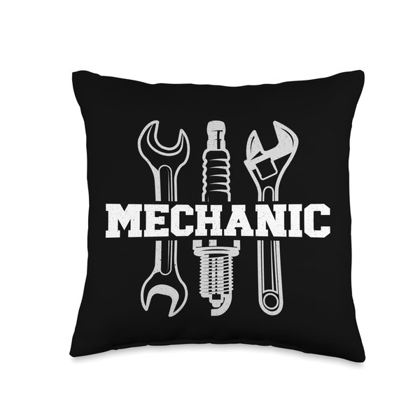 Automotive Mechanic, spark plug, car fixer vintage wrenches Throw Pillow