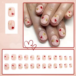 24Pcs Valentine's Day Press on Nails Short Oval Fake Nails with Red Gold Glitter Designs Hearts Glue on Nails Romantic Valentines Love Heart Stick on Nails Polka Dots Acrylic Glue on Nails for Women