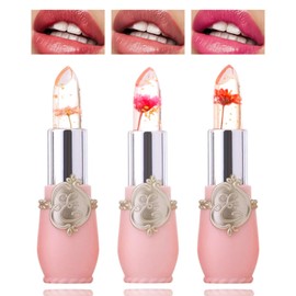 3 Pack Crystal Flower Jelly Lipstick,Magic Color Changing Lipstick,PH Clear Temperature Color Changing Lip Gloss,Lip Balm,Long Lasting Nourishing Moisturizing Lip Stick Set(Set E)
