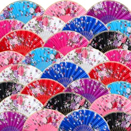 Geetery 100 Pcs Folding Hand Fan for Line Dancing Colorful Spanish Silk Sequin Fabric Popping Fans for Line Dancing Clapping Fans Bulk Boots on the Ground Fan for Women(Retro Color,Peacock Pattern)