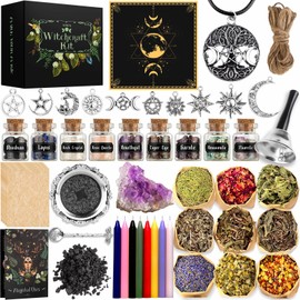 Kit de suministros de brujería para hechizos, caja mágica rica incluye hierbas secas, tarros de cristal, velas de colores, pergamino, artículos de bruja para pagano, rituales