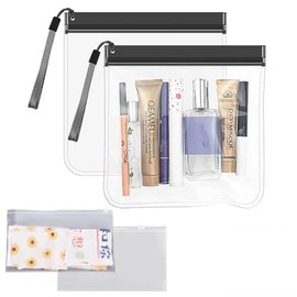 AYNKH 2 Pcs Clear Travel Toiletry Bags with Lanyard, No Risk of Rejection, Airport Security Liquid Bag with Zip Waterproof Plastic, Holiday Essentials Luggage (with 2 Makeup Brush Bags)