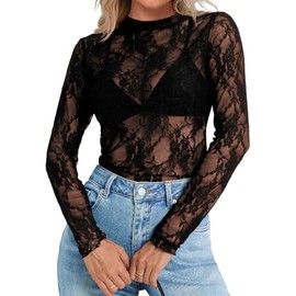 Elesomo Mesh Tops for Womens Casual Long Sleeve Shirts Lace Sheer Fall Tee Shirts, Black M
