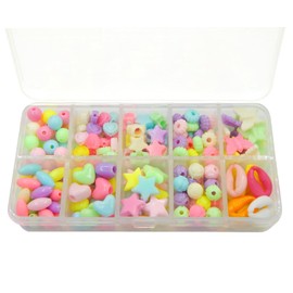 Bead Set for Threading, 200 Pieces Plastic Beads Mix Colourful Acrylic Beads 8 mm to 18 mm Craft Set 10 Designs with Sorting Box