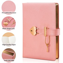Notebook A6 Journal With Heart Shaped Lock + Heart Ballpoint Pens PU Leather Cover Personal Planner Organizers for Girls and Women Gold Rose