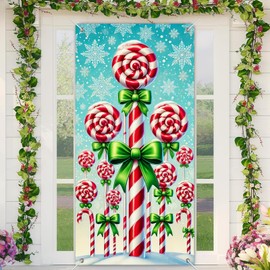 BlissYard Christmas Door Banner Set 35x71 Inch Candy Cane Lollipops With Red White Swirl Stripes and Green Bows Home Porch Decoration Christmas Decor Front Door Party Holiday Decoration