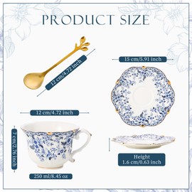 TATSUMI Country Roses Bone China Tea Cup and Saucer Set, 3 Pieces, Vintage Style, For Women and Tea Parties (Pink)