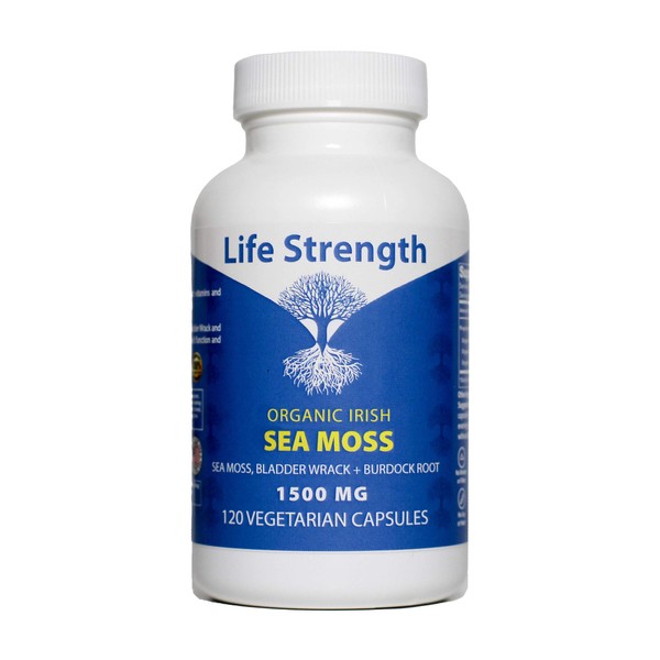 Life Strength Organic Sea Moss 120 CT Wildcrafted Irish Sea Moss and Bladderwrack Burdock Root Finest Ingredients (1 Bottle 120 CT)