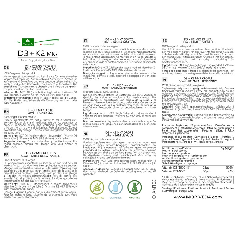 MoriVeda Vitamin D3 + K2 Drops 50 ml, High Dosage,