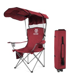 Elevon Camping Chair, Oversized Folding Chair with Canopy, Portable Outdoor Chair with Arms, Cup Holder and Carry Bag for Camping, Fishing, Beach, and Sports, Red