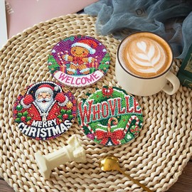 8 Pcs Christmas Diamond Art Coasters Kits with Holder, Santa Claus Diamond Painting Coasters Kits for Adults, DIY 5D Full Drill Round Small Mini Kit Diamond Art Craft Supplies 4X4 Inch