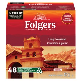 Folgers Lively Colombian Medium Roast Coffee, Single-Serve K-Cup Pods For Keurig Coffee Makers, 48 Count