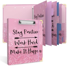 3 Ring Binder 1 Inch Round Ring Binder with 6 Tab Dividers，2 Interior Pockets，Cute Binder Clipboard with Storage, for School Office, Portfolio(Stay Positive)