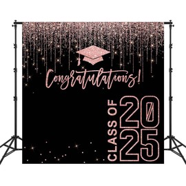 Fitumiw Class of 2025 Graduation Backdrop 6x6ft Rose Gold Congratulations Graduates Background Party Decorations Pink and Black 2025 Congrats Grad Banner Photo Booth Props